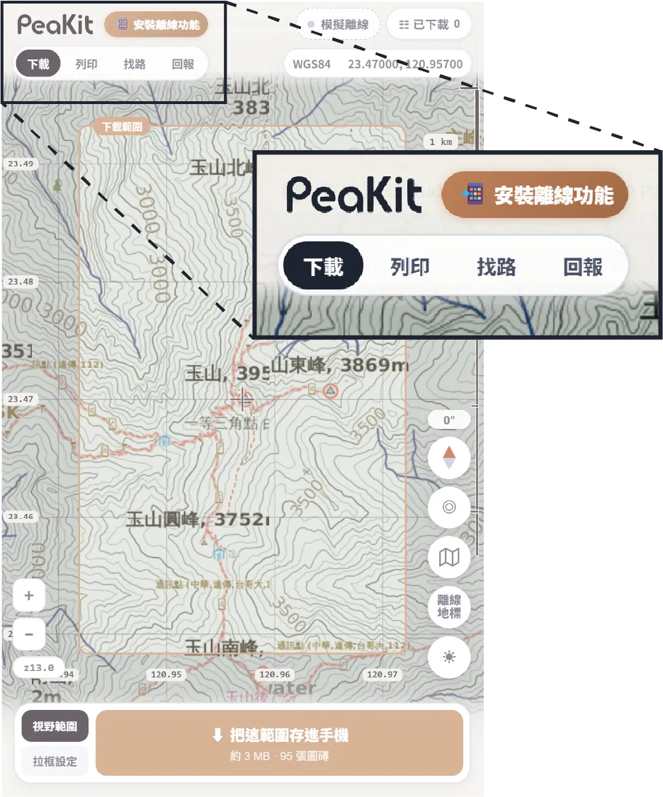 PeaKit 離線地圖左上角的四大功能切換列：下載、列印、找路、回報（含放大示意）