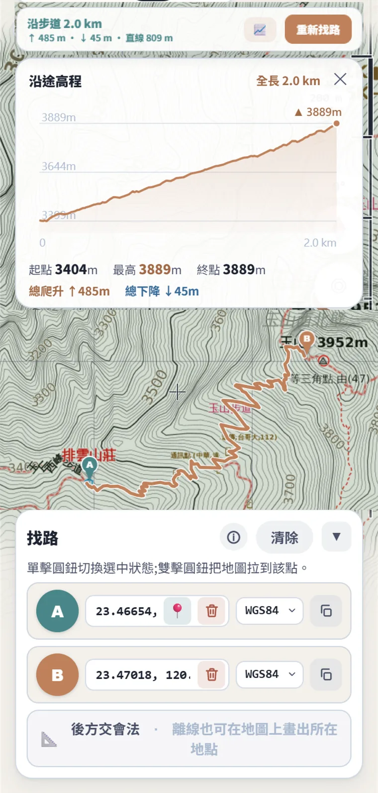 找路功能實際畫面：A、B 兩點、沿步道的橘色路線、沿途高程剖面圖與距離／爬升資訊